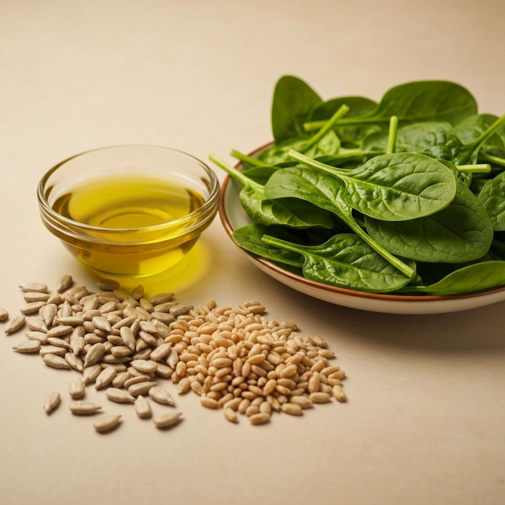 Vitamin E rich foods including sunflower seeds and spinach